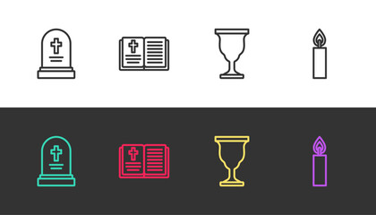 Sticker - Set line Grave with tombstone, Holy bible book, Christian chalice and Burning candle on black and white. Vector