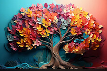 Colorful Tree With Leaves On Hanging Branches Illustration Background. 3d Abstraction Wallpaper For Interior Mural Wall Art Decor. Floral Tree With Multicolor Leaves. 