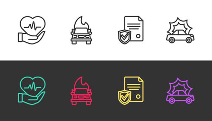 Sticker - Set line Life insurance, Burning car, Contract with shield and Car accident on black and white. Vector