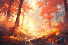 Beautiful Autumn Forest Scenery Right Sun Female Knight Generative Ai