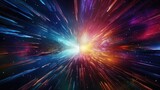 Fototapeta Do przedpokoju - A 3D render of a fragmented hyperspace tunnel, with glowing neon rays and explosive lights. The abstract pattern and cosmic illumination create a sense of speed and a futuristic galaxy theme