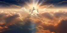 Our Lord, Jesus Christ Our Saviour, Sitting On A Throne High Above The Clouds In Heaven, With Healing Peaceful Light Bursting Out Across His Kingdom