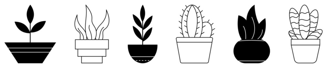 Wall Mural - House plants collection. Cactus and leaves in the pots for home decor. Vector illustration isolated on white background