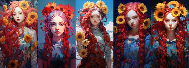 painting style illustration vertical artwork set, pretty woman wearing sunflower flower crown, Generative Ai