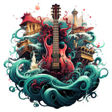 An Octopus Guitar T-shirt Design, The Octopus's Tentacles Intertwined With The Strings Of An Ancient Lyre, Set In A Mythical Realm Of Floating Islands And Cascading Waterfalls, Generative Ai