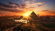 Sun shining behind the stone pyramids of Egypt. Fantasy concept art. Sunny desert. Ancient Egypt.