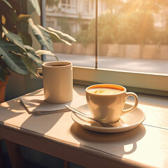 Wall Mural - Early morning sun coming in from the window with a hot coffee on the table