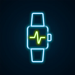 Sticker - Glowing neon line Smart watch showing heart beat rate icon isolated on black background. Fitness App concept. Colorful outline concept. Vector