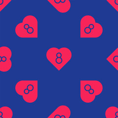 Wall Mural - Red Heart with 8 March icon isolated seamless pattern on blue background. Romantic symbol linked, join, passion and wedding. Happy Women Day. Vector