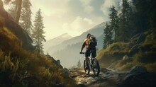 Biker Riding Bicycle In Deep Forest With Mountain Background, Generative AI 