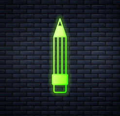 Sticker - Glowing neon Pencil with eraser icon isolated on brick wall background. Drawing and educational tools. School office symbol. Vector