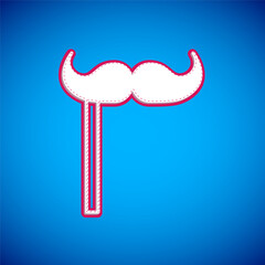 Sticker - White Paper mustache on stick icon isolated on blue background. Concept with cardboard carnival mask. Mask for a photo shoot. Vector