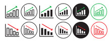 Graph Icon. Increasing Decreasing Chart Pattern Bars Of Financial Investment Report Shows Profit Or Loss Symbol. Vector Set Of Stock Market Trend Upward Or Downward Progress. Flat Outline Of Sales Up