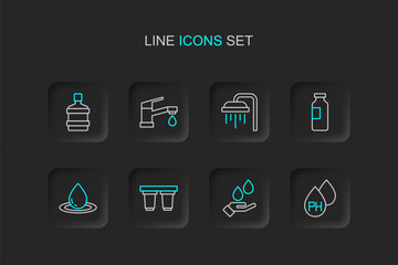 Poster - Set line Water drop, Washing hands with soap, filter cartridge, Bottle of water, Shower, tap and Big bottle clean icon. Vector