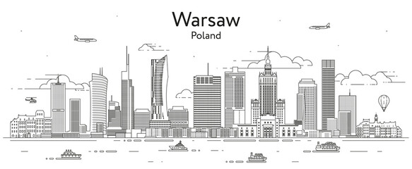 Poster - Warsaw cityscape line art vector illustration