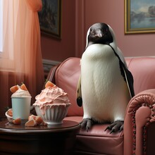 Penguin Eats Ice Cream In A Cafe. Copyspace. Concept: Animal Themed Poster And Design
