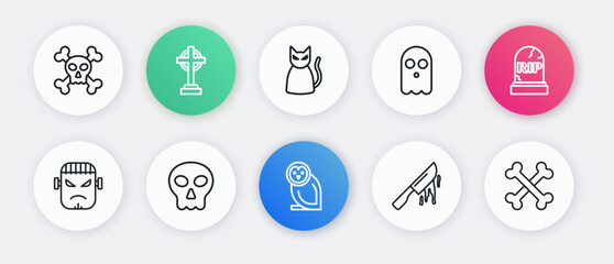 Set line Owl bird, Tombstone with RIP written, Frankenstein face, Bloody knife, Ghost, Black cat, Crossed bones and Skull icon. Vector