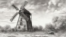 Old Windmill In The Countryside, Pencil Sketch