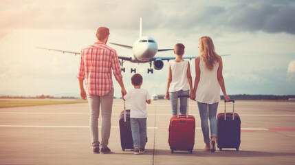 Back view of happy family standing near a large plane with two suitcases outdoor. Trip concept