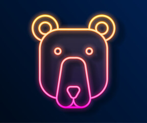 Sticker - Glowing neon line Bear head icon isolated on black background. Vector