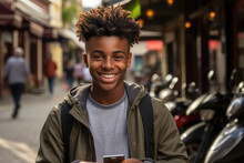 Portrait Of Happy African-American Teenager Using Smartphone. Teen With Cell Phone Using App To Chat Online, Messaging In Social Networks
