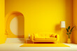 Yellow living room with yellow couch and white lamp.