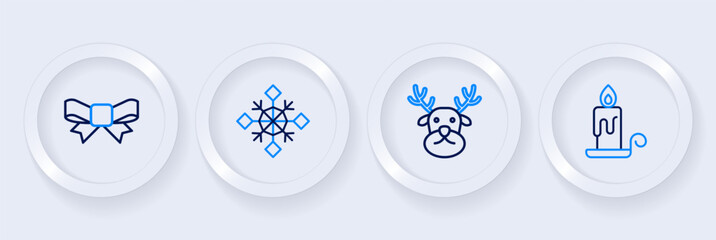 Poster - Set line Burning candle, Reindeer, Snowflake and Gift bow icon. Vector