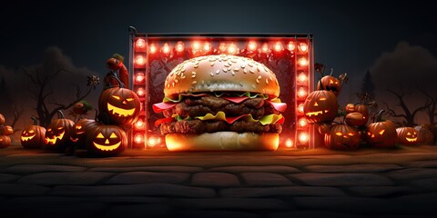 Wall Mural - halloween night advertisement, tasty burger with pumpkins