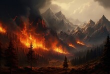 Forest Burning On The Mountainside, Natural Disaster, Climate Change, Global Warming, Arial View