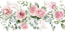 Watercolor Seamless Floral Border. Light Pink Flowers And Eucalyptus Greenery PNG.  Wedding Invitation. Dusty Roses, Soft Blush Peony Frame, Bouquet. Perfect For Stationary, Greeting Card, Fashion