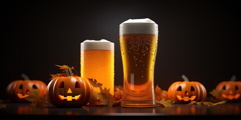 Wall Mural - tasty beer and halloween pumpkin, restaurant promo, delicious drink on spooky night