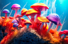 A Rainbow-hued Backdrop Highlights A Collection Of Vibrant Mushrooms, A Harmonious Fusion Of Natural Beauty And Colorful Imagination.