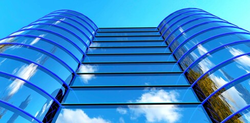 Wall Mural - Bottom view of a skyscraper with glass facade consisting to cylindrical towers aginst the blue sky. Blue illuminated elements. 3d rendering.