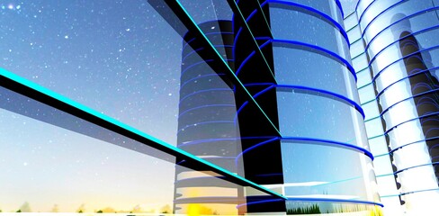 Wall Mural - Beautiful starry night reflected in glass exterior of contemporary business center in Los Angeles. 3d rendering..