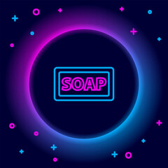 Canvas Print - glowing neon line bar of soap icon isolated on black background. soap bar with bubbles. colorful out