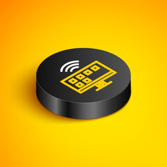 Poster - Isometric line Smart Tv system icon isolated on yellow background. Television sign. Internet of things concept with wireless connection. Black circle button. Vector