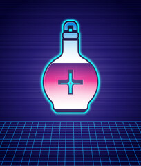 Poster - Retro style Bottle with potion icon isolated futuristic landscape background. Flask with magic potion. Happy Halloween party. 80s fashion party. Vector