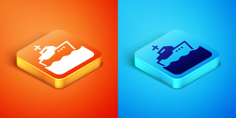 Sticker - Isometric Cruise ship icon isolated on orange and blue background. Travel tourism nautical transport. Voyage passenger ship, cruise liner. Worldwide cruise. Vector