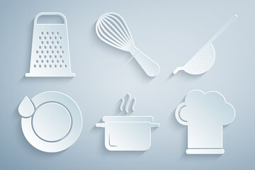 Sticker - Set Cooking pot, Kitchen colander, Washing dishes, Chef hat, whisk and Grater icon. Vector