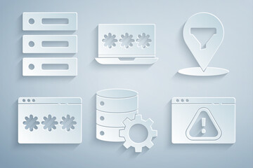 Poster - Set Server and gear, Location with sales funnel, Password protection, Browser exclamation mark, Laptop password and Server, Data, Web Hosting icon. Vector