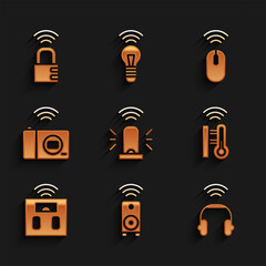 Poster - set smart flasher siren, stereo speaker, headphones, thermometer, bathroom scales, photo camera, wir
