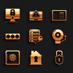 Sticker - Set Server security with key, House under protection, Lock, Ringing alarm bell, Safe, Password, and computer monitor icon. Vector