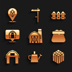 Poster - Set Farm house, Watering can, Bale of hay, Full sack, Location farm, Garden fence wooden and corn icon. Vector