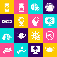 Sticker - Set Medical protective mask, Shield protecting from virus, Corona on location, Earth globe with, 2019-nCoV, covid-19, Virus statistics mobile and Human and icon. Vector