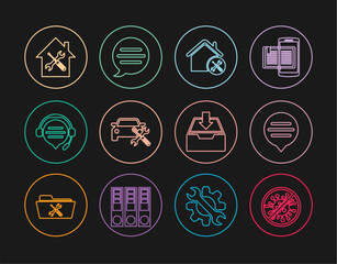 Poster - set line stop virus, bacteria, speech bubble chat, house service, car, headphones with speech, downl