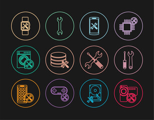 Poster - Set line Video camera service, Screwdriver and wrench, Smartphone, Database server, Washer, Smartwatch, Crossed screwdriver and Wrench icon. Vector