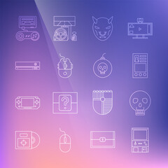 Poster - Set line Retro arcade game machine, Skull, Create account screen, Mask of the devil with horns, Computer mouse gaming, Video console, Game joystick and Bomb ready to explode icon. Vector