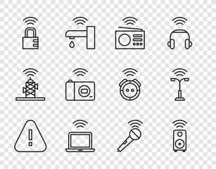 Poster - Set line Exclamation mark in triangle, Smart stereo speaker, radio, Wireless laptop, safe combination lock, photo camera, microphone and street light icon. Vector