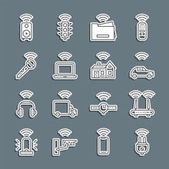Poster - set line smart electric plug, router and wi-fi signal, car system with wireless, printer, wireless l