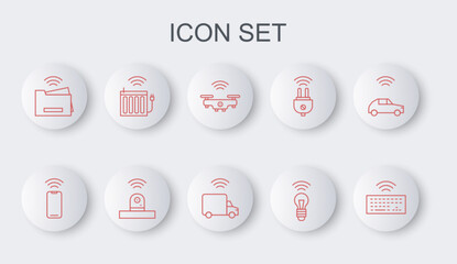Poster - set line wireless keyboard, smartphone, smart drone, light bulb, printer, heating radiator, security